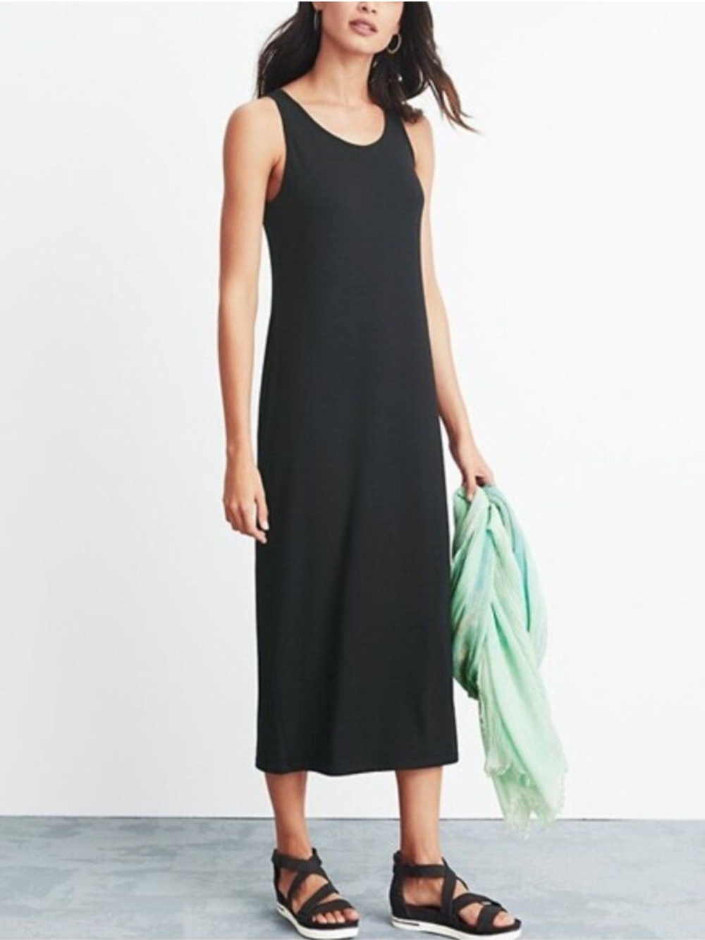 Eileen Fisher Black Stretch Viscose Midi Length Tank Dress Size Large